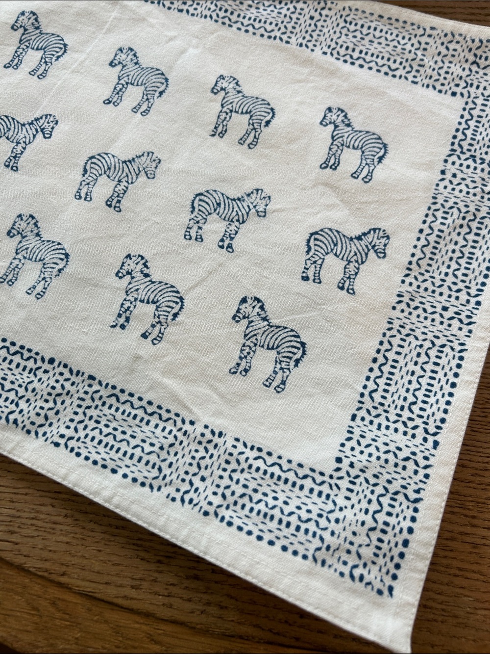 Set of 4 Pomegranate Hand Block Printed Zebra Placemats Ivory & Blue Cotton